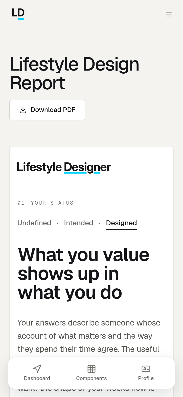 An example Lifestyle Design Report, opening on the reader's Lifestyle Design Status and what it says about them