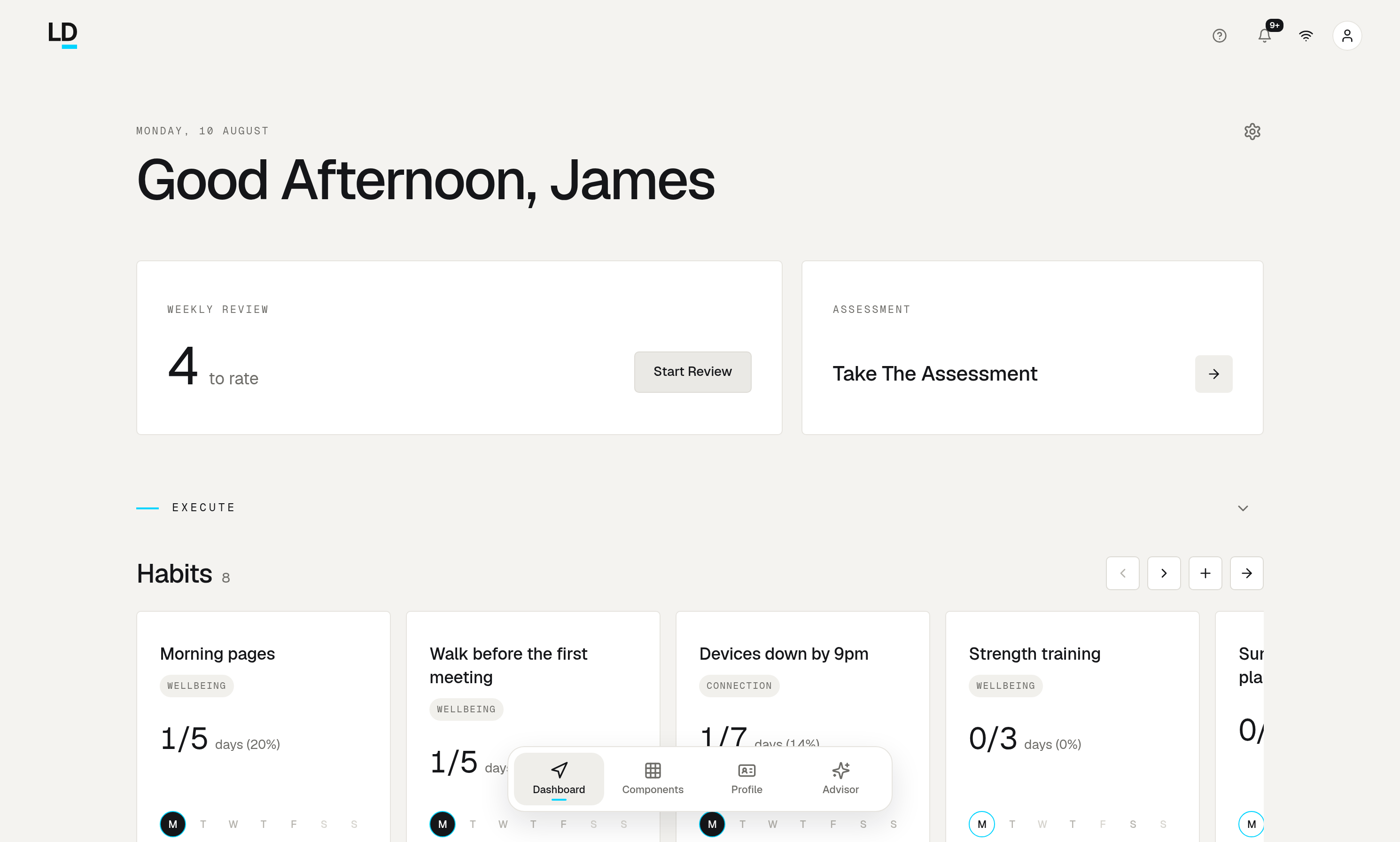 The Lifestyle Designer Dashboard: the day's greeting, the Weekly Review and Assessment cards, and Habits in the Execute band.