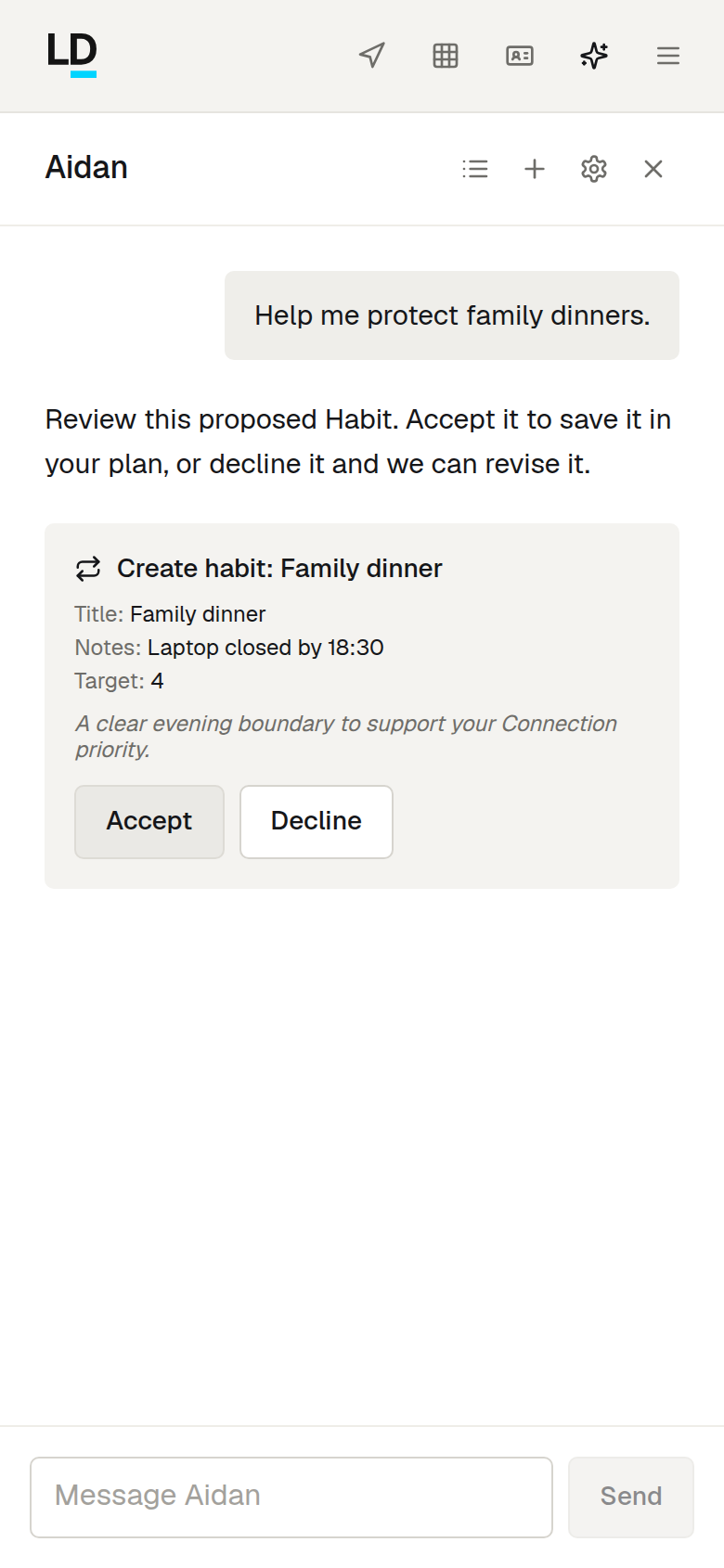 Illustrative Aidan conversation proposing a Habit, with Accept and Decline controls for the member to review before saving